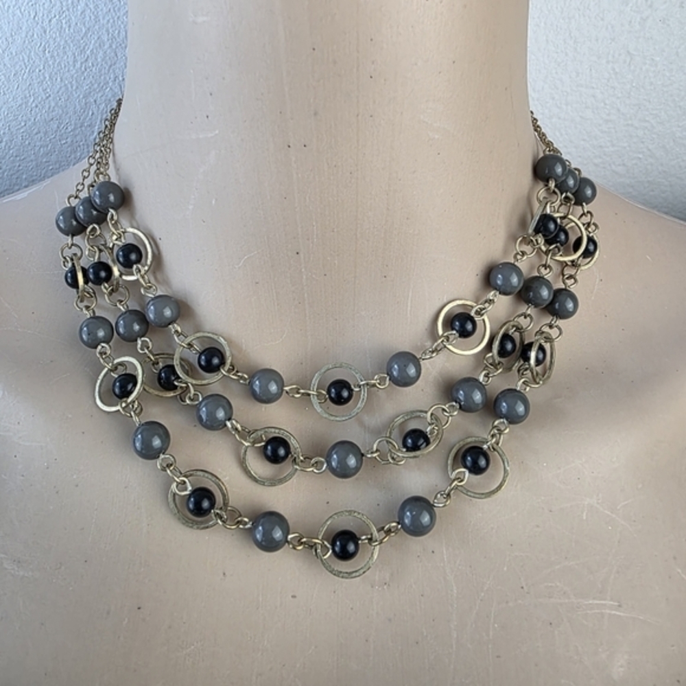 Goldtone Multi-Layer Necklace Choker Gray Black Beads 14"‎